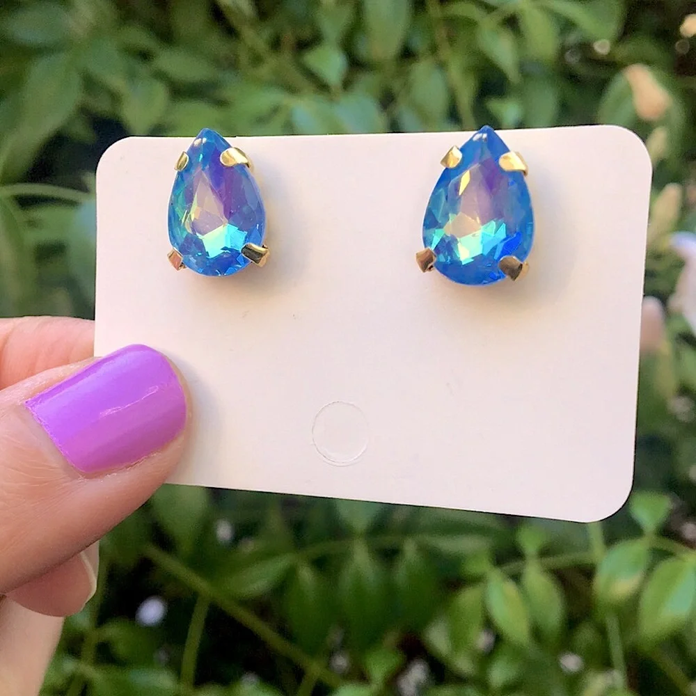 Light Sapphire Aurora Borealis + Gold Pear Crystal Earrings